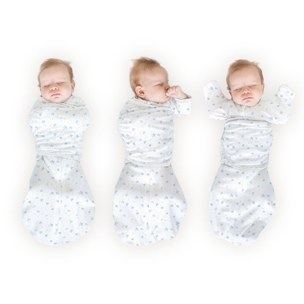 Organic Omni Swaddle Sack with Wrap - Most Versatile Swaddle - Arms Up Sleeves & Mitten Cuffs, Watercolor Twinkle - Soft Blue
