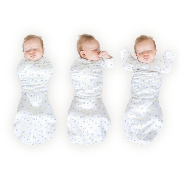 Organic Omni Swaddle Sack with Wrap - Most Versatile Swaddle - Arms Up Sleeves & Mitten Cuffs, Watercolor Twinkle - Soft Blue