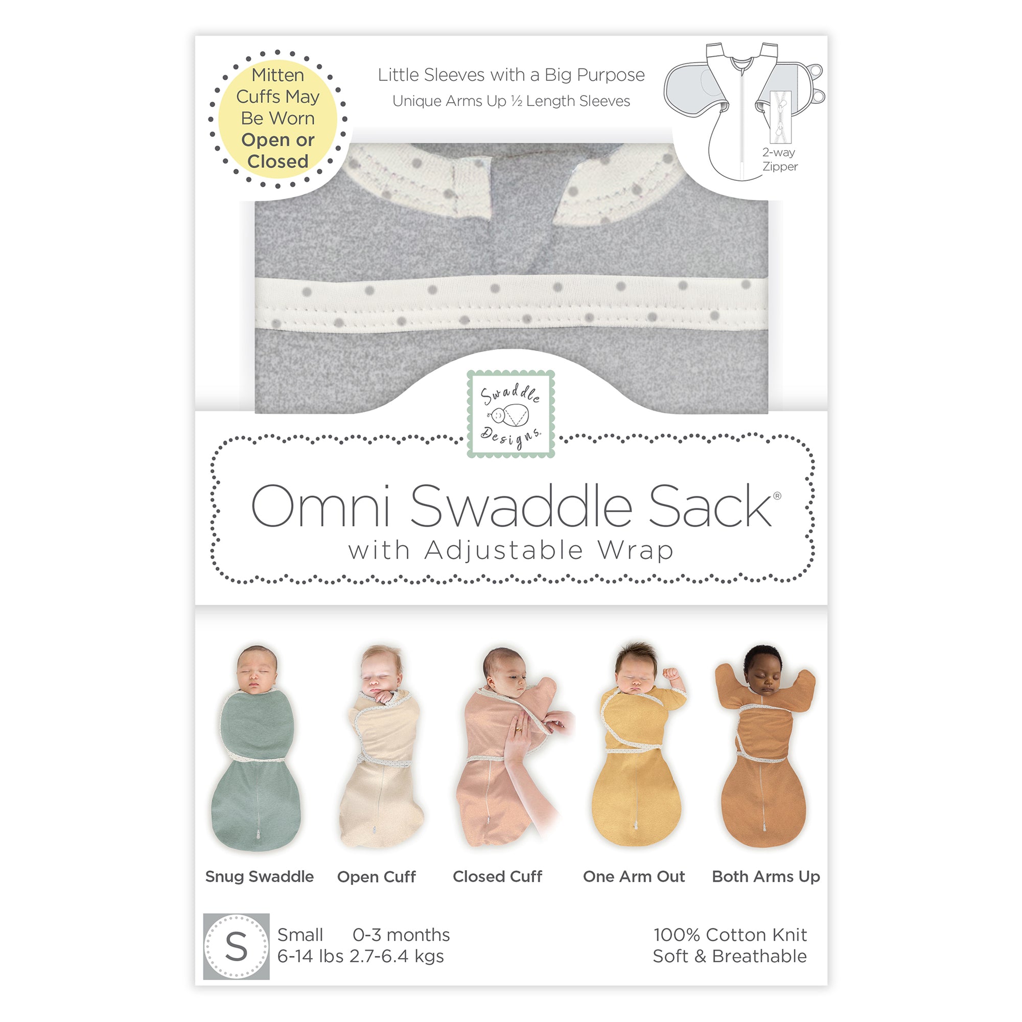 Omni Swaddle Sack with Wrap Arms Up Sleeves & Mitten Cuffs, Heathere