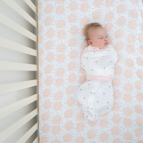 Muslin Fitted Crib Sheet Heavenly Floral Pink with Bit of Gray and SwaddleDesigns