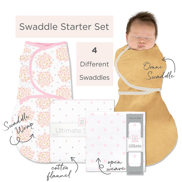 SwaddleDesigns Starter Set - Ultimate, Muslin Swaddle, Swaddle Wrap, and Heathered Gold Omni Newborn Gift Set