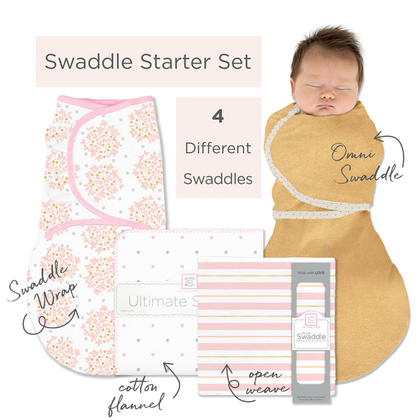 SwaddleDesigns Starter Set - Ultimate, Muslin Swaddle, Swaddle Wrap, and Heathered Gold Omni Newborn Gift Set