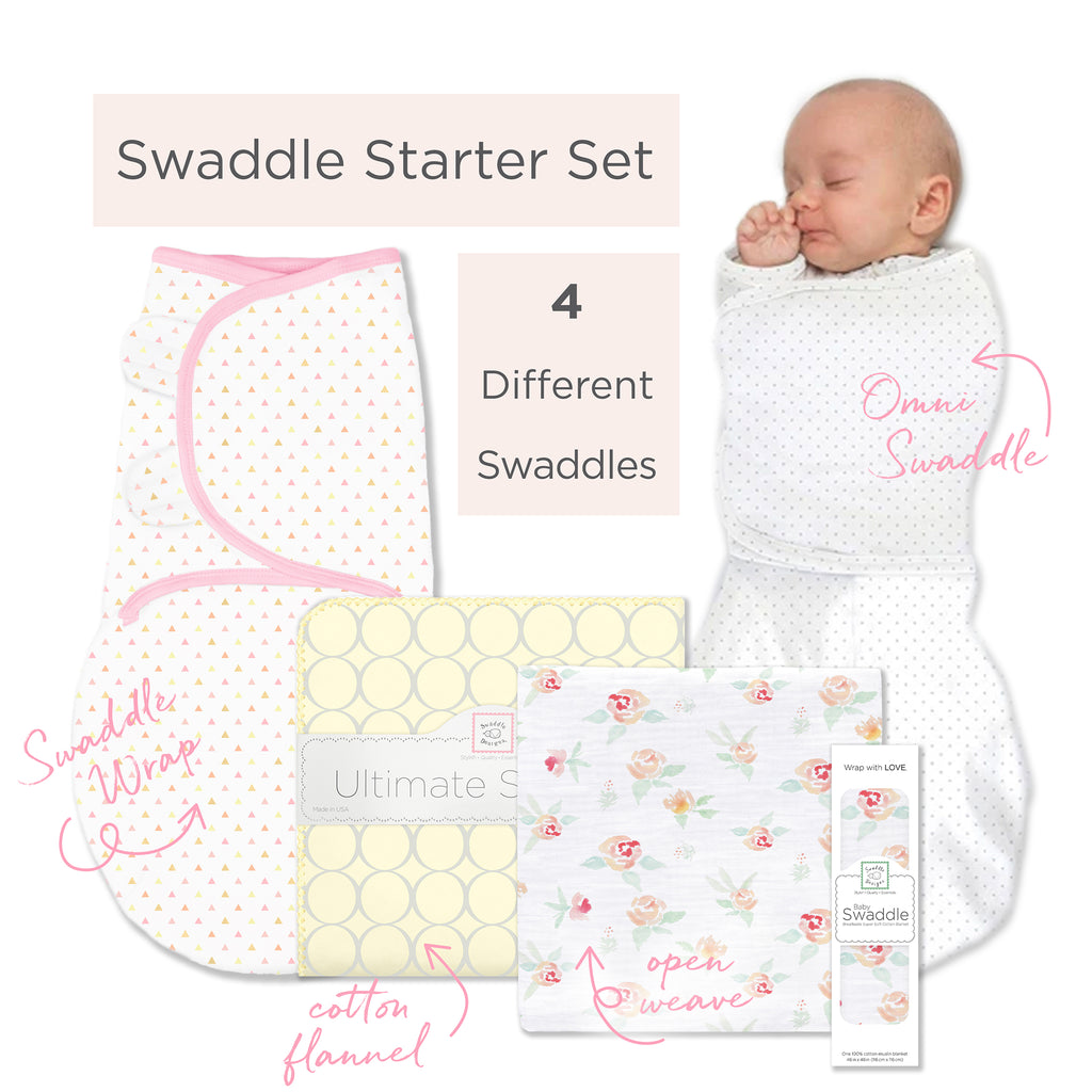SwaddleDesigns Starter Set - 4 Item Newborn Gift Set, Pink & Yellow