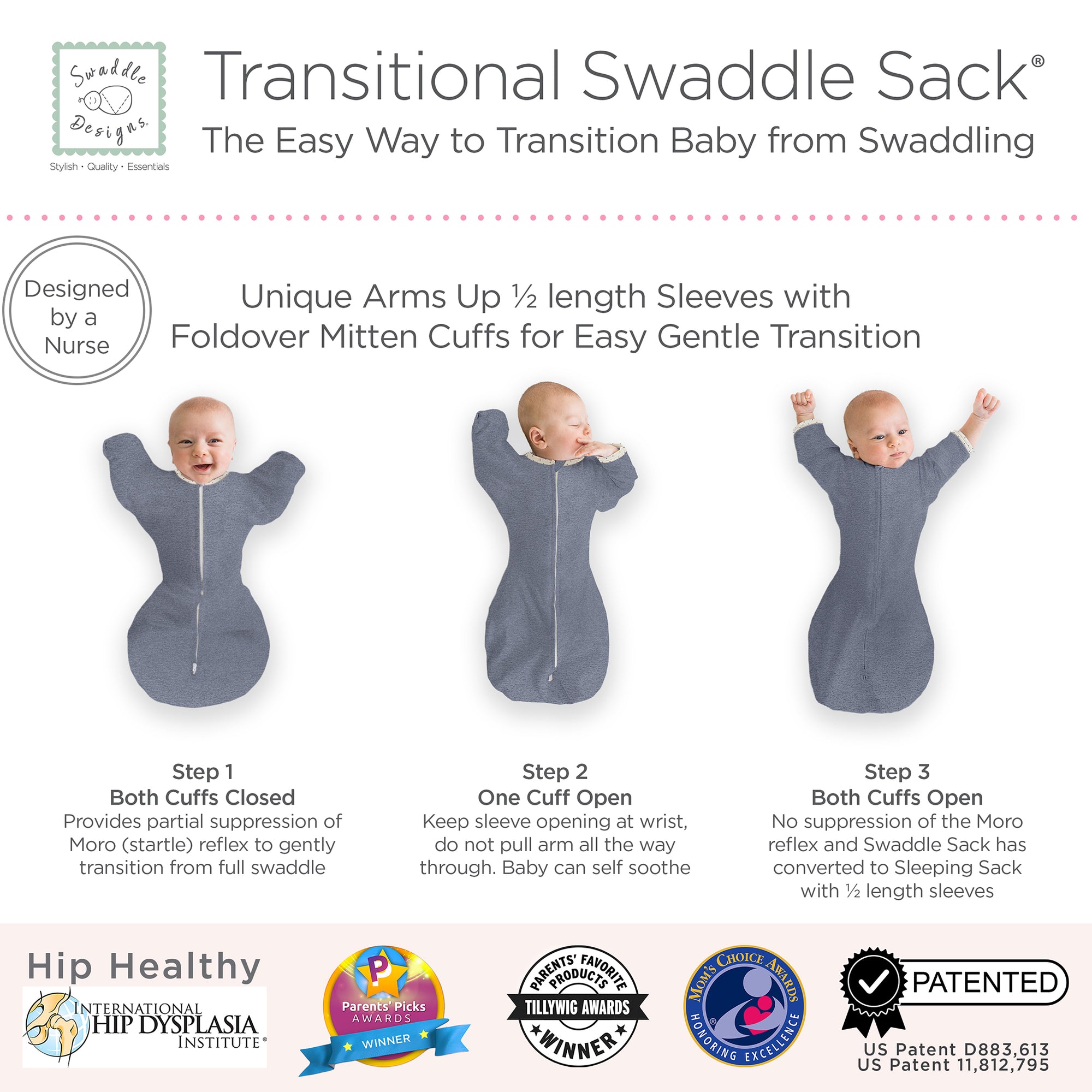 Transitional Swaddle Sack Arms Up 1/2Length Sleeves & Mitten Cuffs, SwaddleDesigns