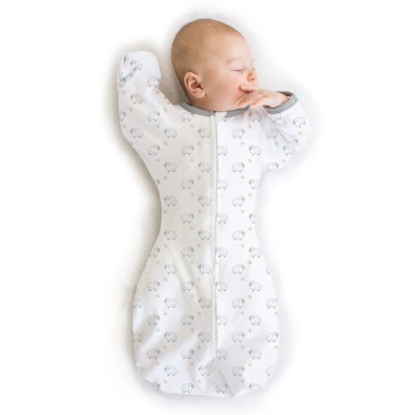 Transitional Swaddle Sack - Arms Up 1/2-Length Sleeves & Mitten Cuffs, Tiny Lambs