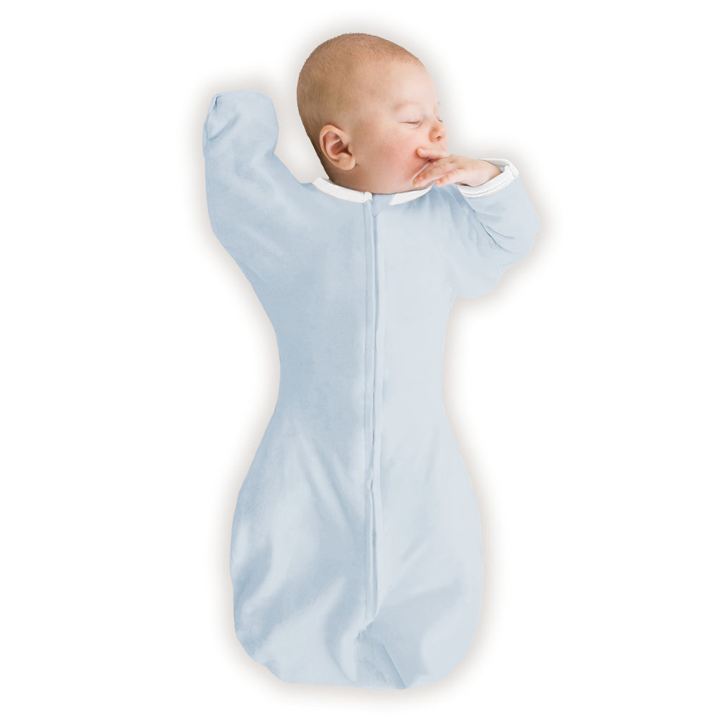 Organic Transitional Swaddle Sack - Arms Up 1/2-Length Sleeves & Mitten Cuffs, Soft Blue