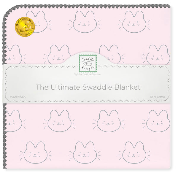 Ultimate Swaddle Blanket - Baby Bunny on Pastel Pink with Dark Gray Trim
