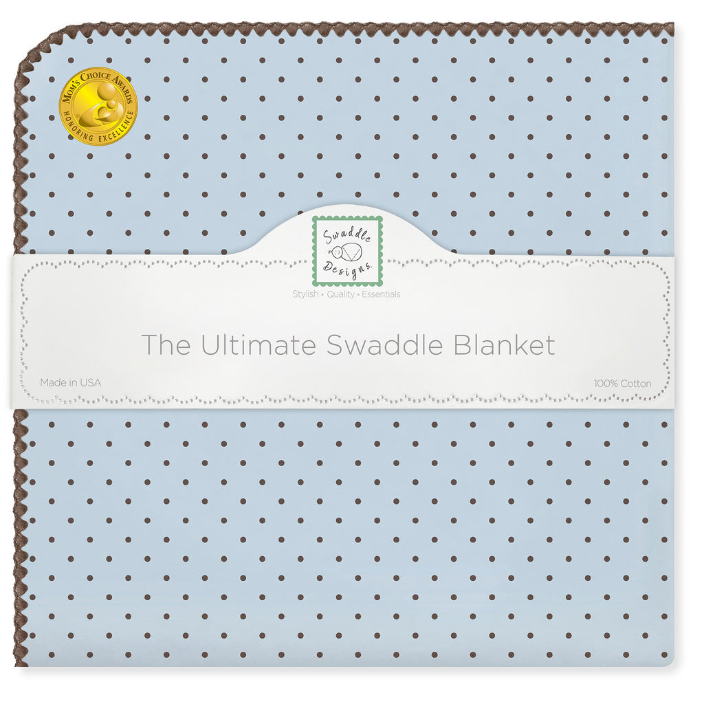 Ultimate Swaddle Blanket - Brown Polka Dots on Pastel Blue