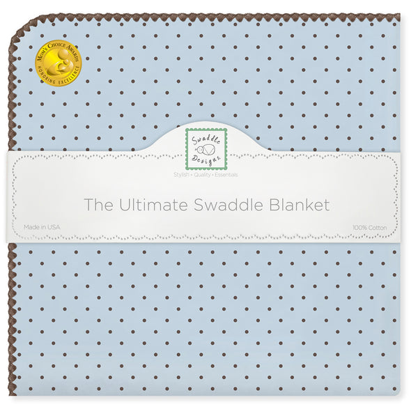 Ultimate Swaddle Blanket - Brown Polka Dots on Pastel Blue