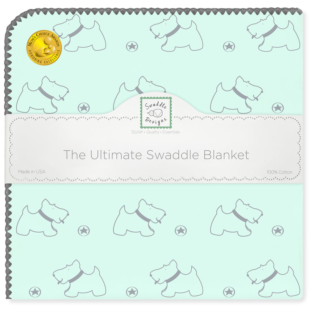 Ultimate Swaddle Blanket - Gray Doggie,Sea Crystal with Gray Trim