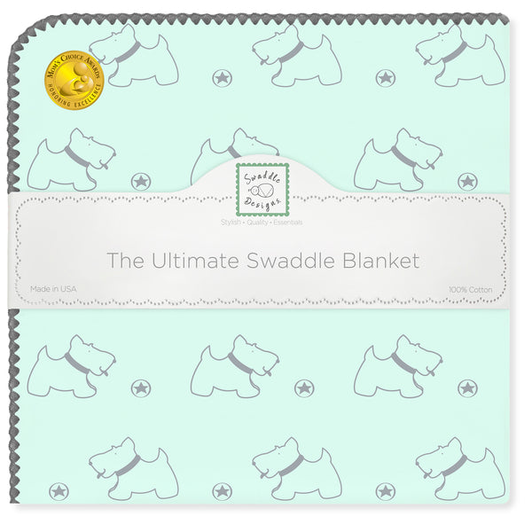 Ultimate Swaddle Blanket - Gray Doggie,Sea Crystal with Gray Trim