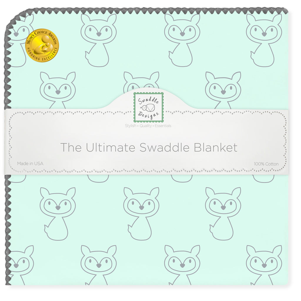 Ultimate Swaddle Blanket - Gray Fox on Pastel SeaCrystal with Dark Gray Trim