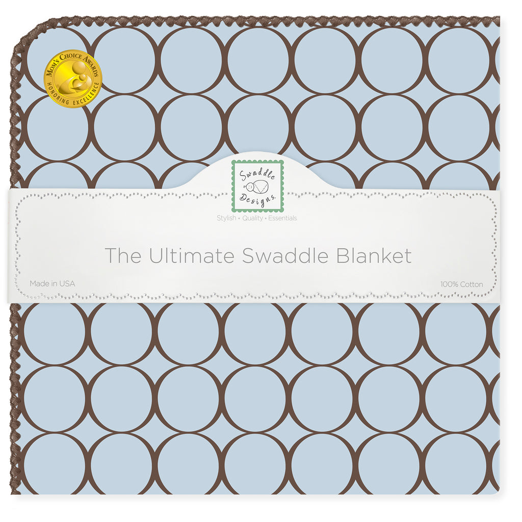Ultimate Swaddle Blanket - Brown Mod Circles on Pastel Blue