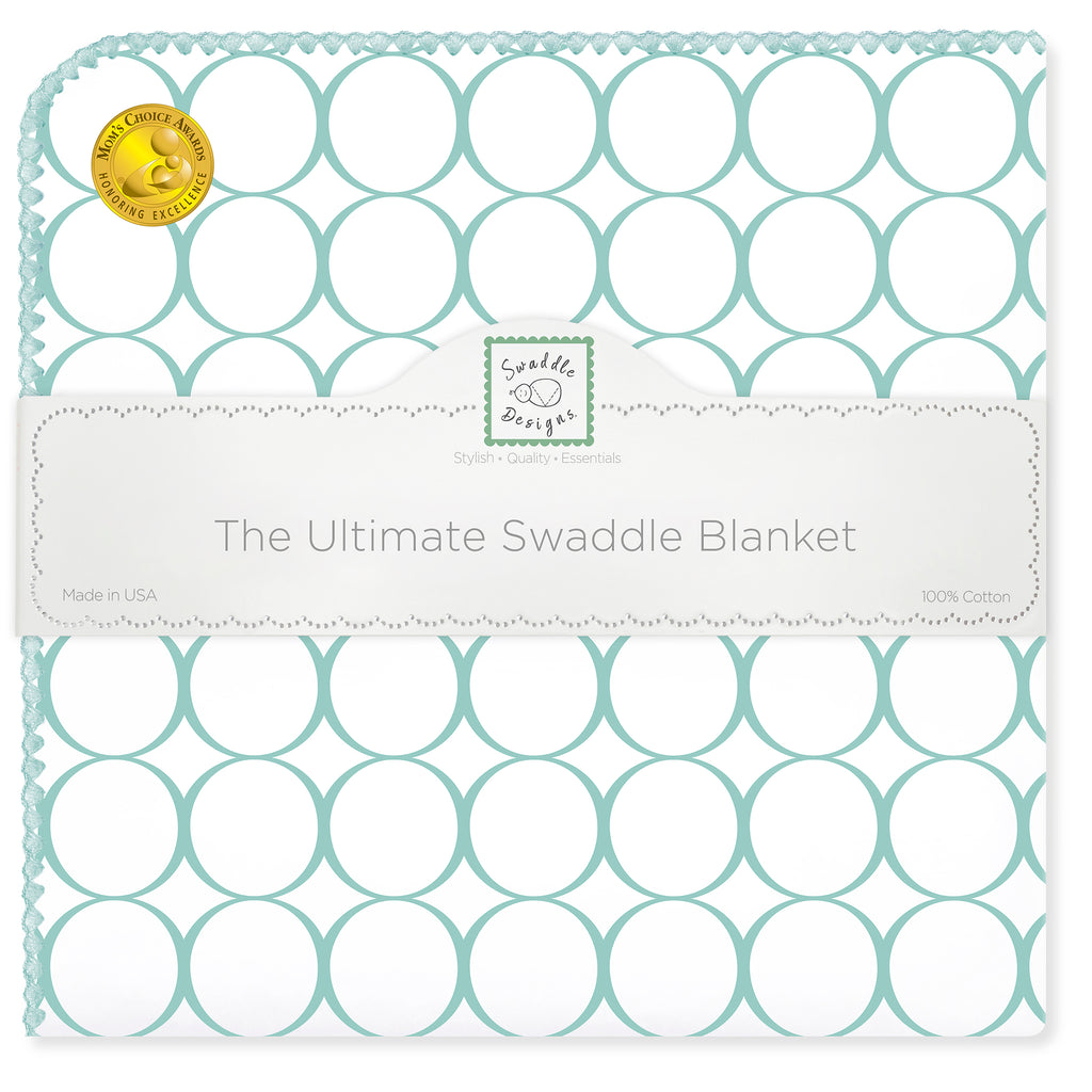 Ultimate Swaddle Blanket - Mod Circles on White, SeaCrystal