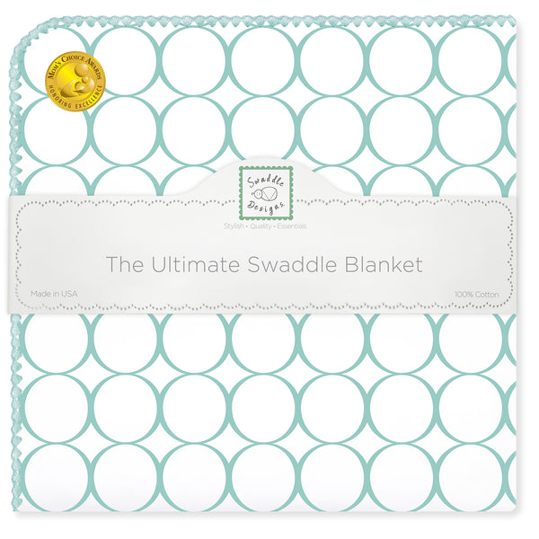 Ultimate Swaddle Blanket - Mod Circles on White, SeaCrystal