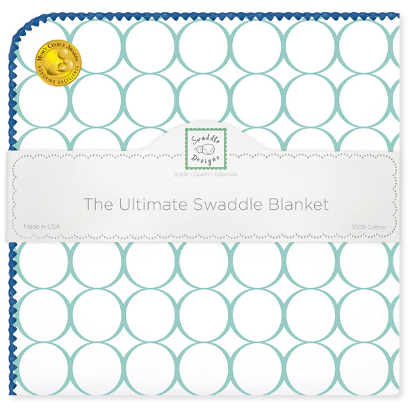 Ultimate Swaddle Blanket - Mod Circles on White, SeaCrystal with True Blue Trim