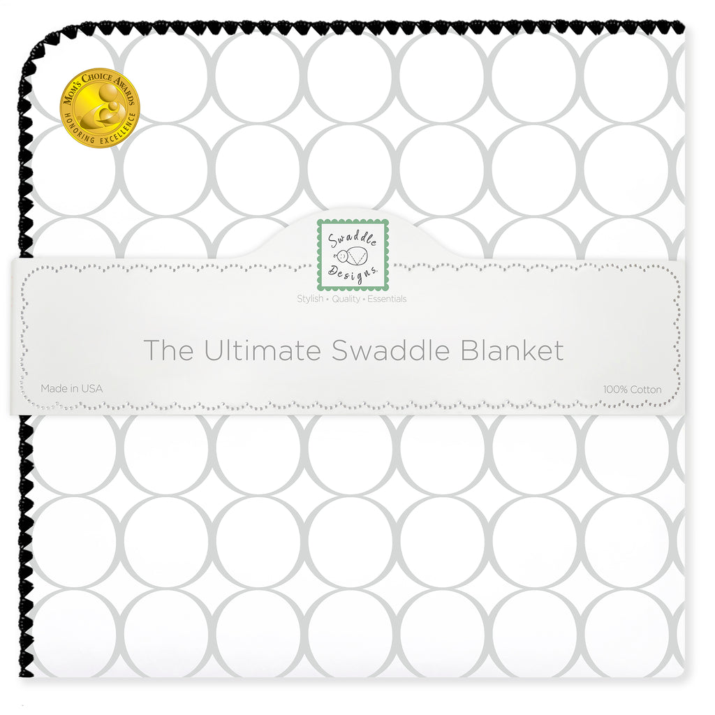 Ultimate Swaddle Blanket - Sterling Mod Circles on White with Black Trim