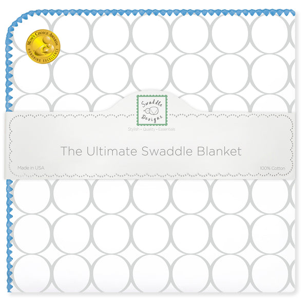 Ultimate Swaddle Blanket - Mod Circles on White, Sterling with Blue Trim
