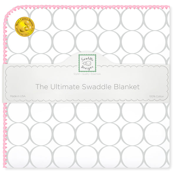 Ultimate Swaddle Blanket - Mod Circles on White, Sterling with Pink Trim