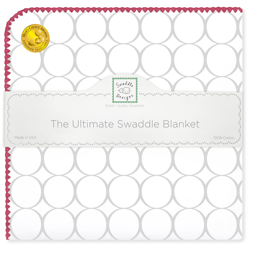 Ultimate Swaddle Blanket - Mod Circles on White, Sterling with Strawberry Trim