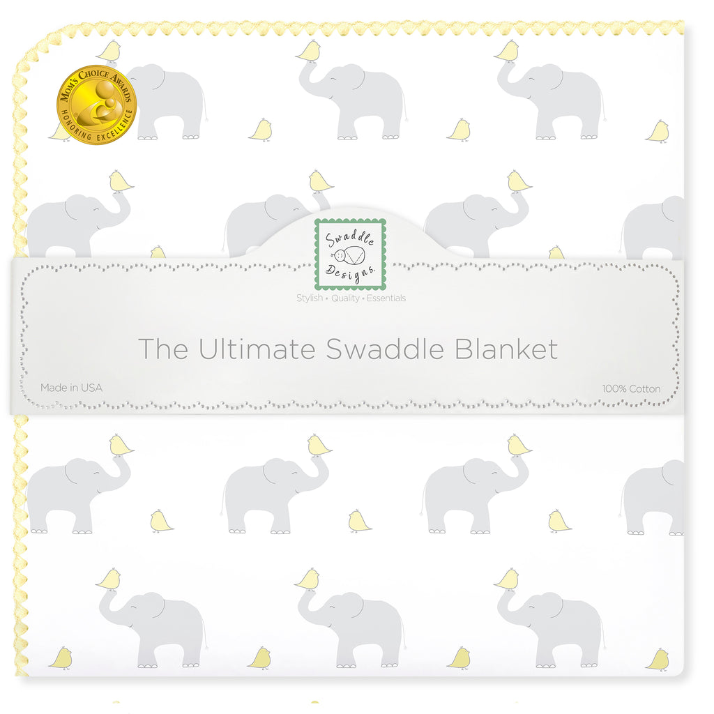 Ultimate Swaddle Blanket - Elephant & Chickies, Sterling + Pale Banana