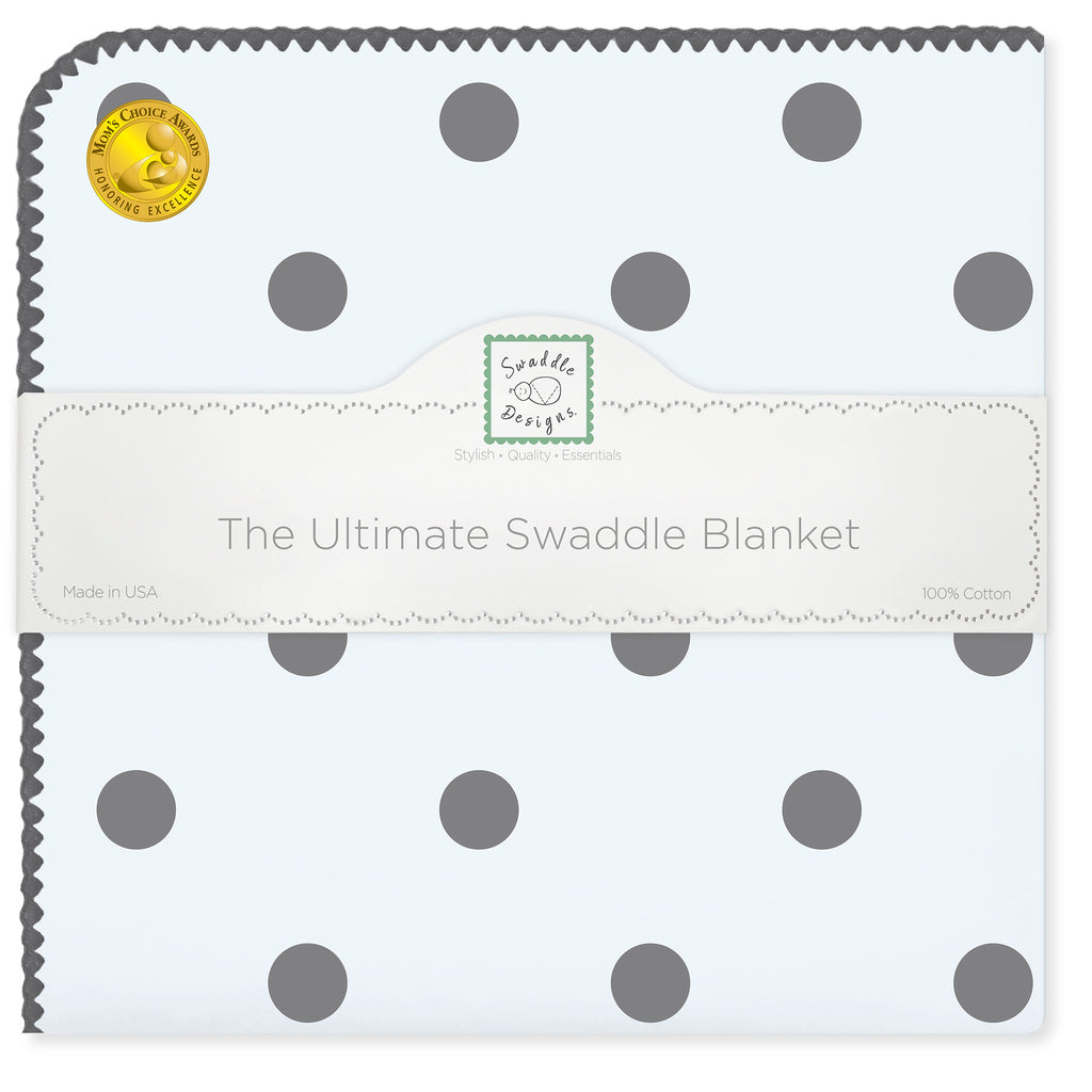 Ultimate Swaddle Blanket - Soft Black Pearl Big Dots on Soft Blue