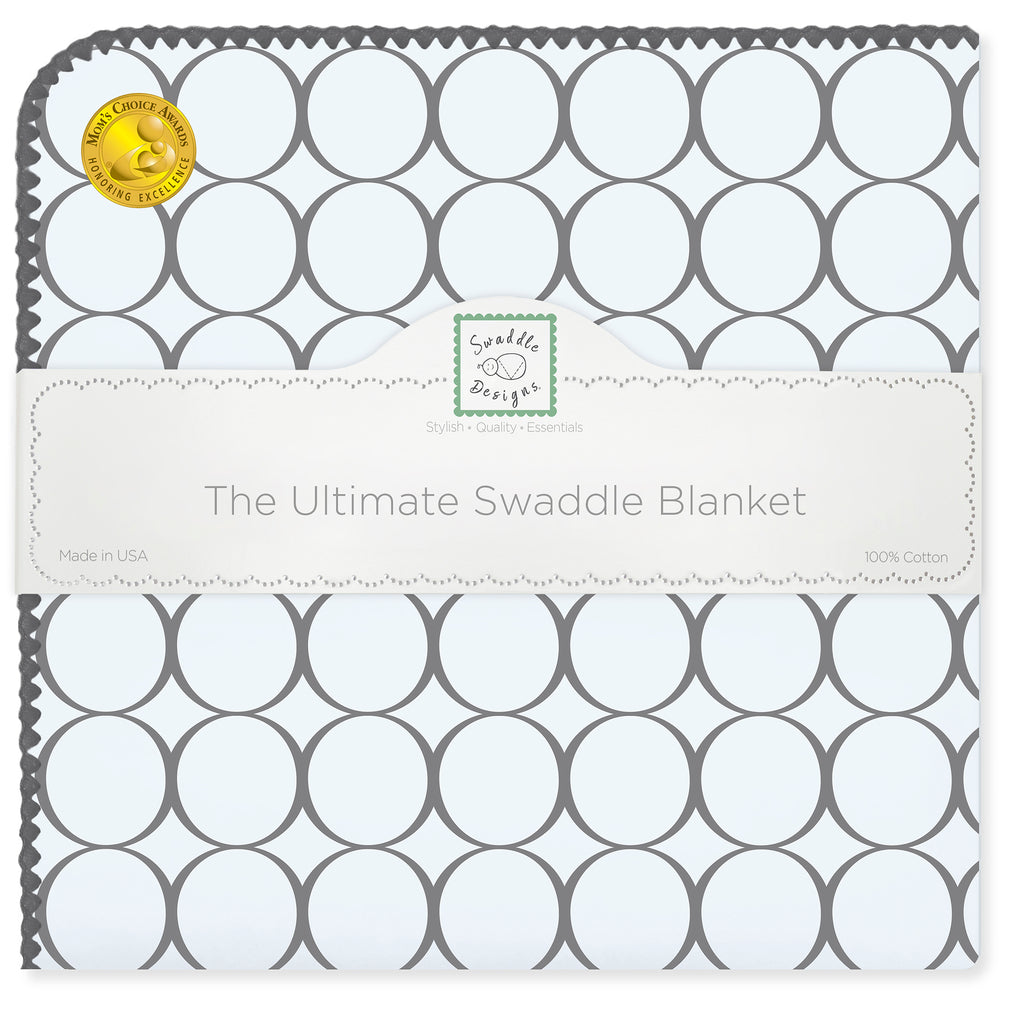 Ultimate Swaddle Blanket - Soft Black Pearl Mod Circles on Soft Blue