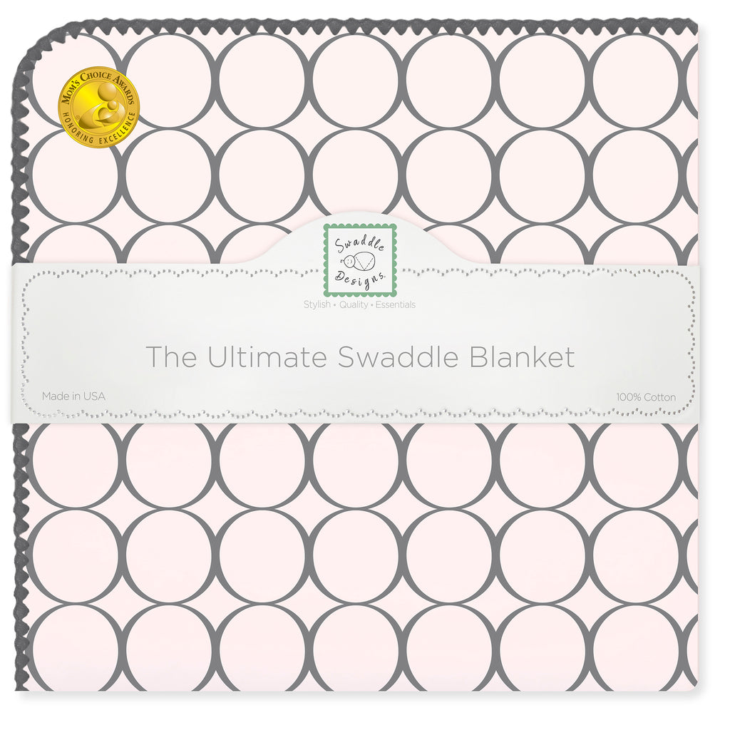 Ultimate Swaddle Blanket - Soft Black Pearl Mod Circles on Soft Pink