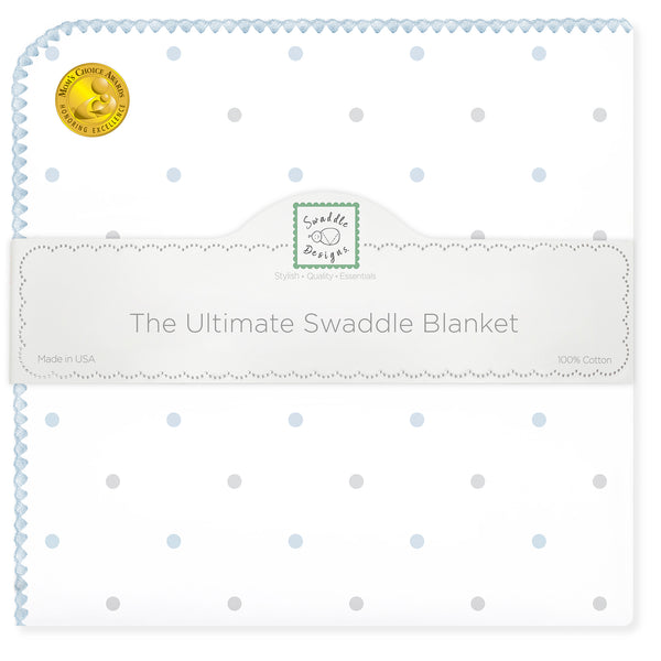 Ultimate Swaddle Blanket - Sterling + Pastel Blue Little Dots on White