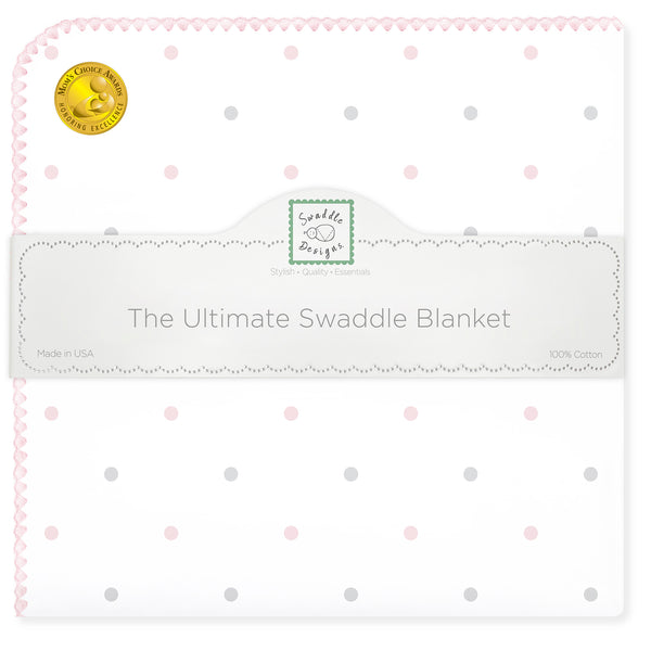 Ultimate Swaddle Blanket - Sterling + Pastel Pink Little Dots on White