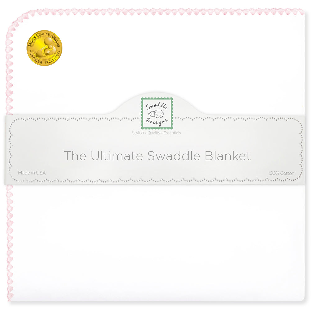 Ultimate Swaddle Blanket - White with Pastel Pink Trim