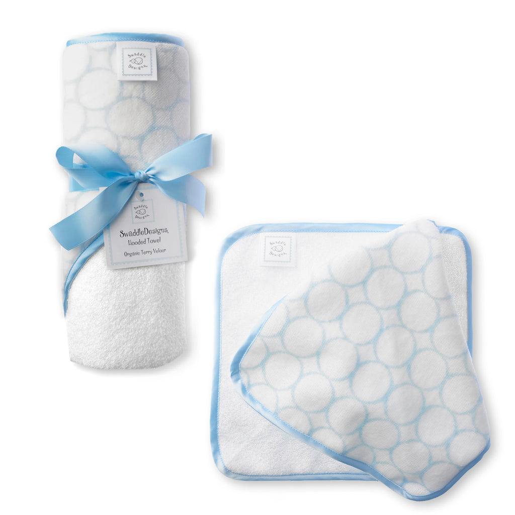 Organic Cotton Terry Velour Hooded Towel and Washcloth Gift Set - Pastel Blue Mod Circles on Ivory