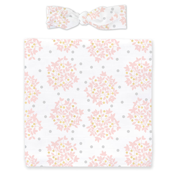 Muslin Swaddle Blanket + Muslin Headband Gift Set - Heavenly Floral