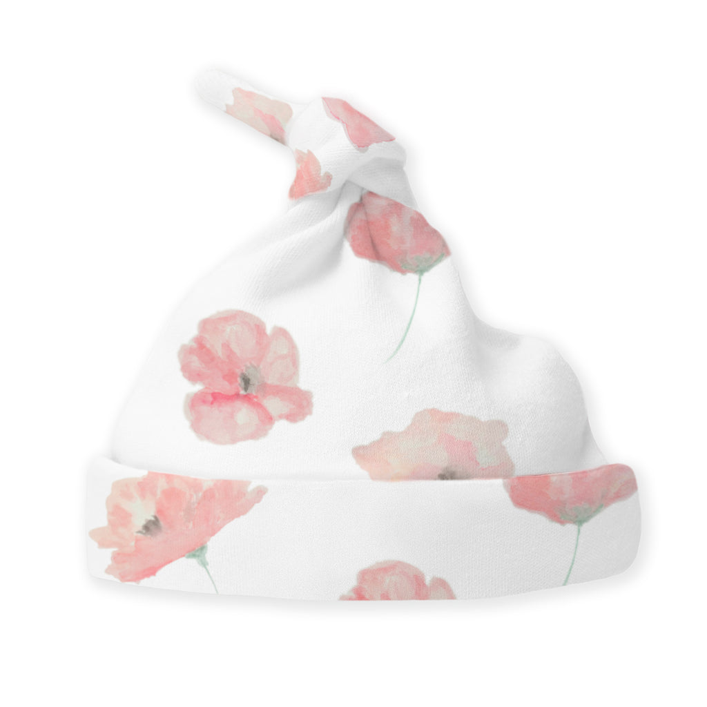 Knotted Hat - Organic Cotton Knit - Watercolor Peach Blush Poppies