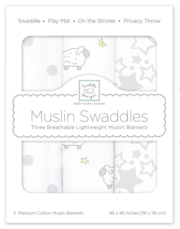 Muslin Swaddle Blankets - Little Lambs & Starshine, Sterling Gray (Set of 3)