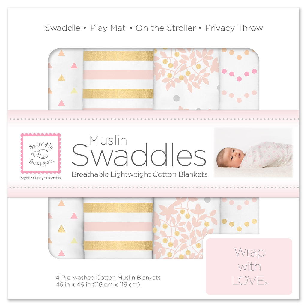 Muslin Swaddle Blankets - Heavenly Floral Shimmer (Set of 4), Pink -- LIMITED TIME OFFER