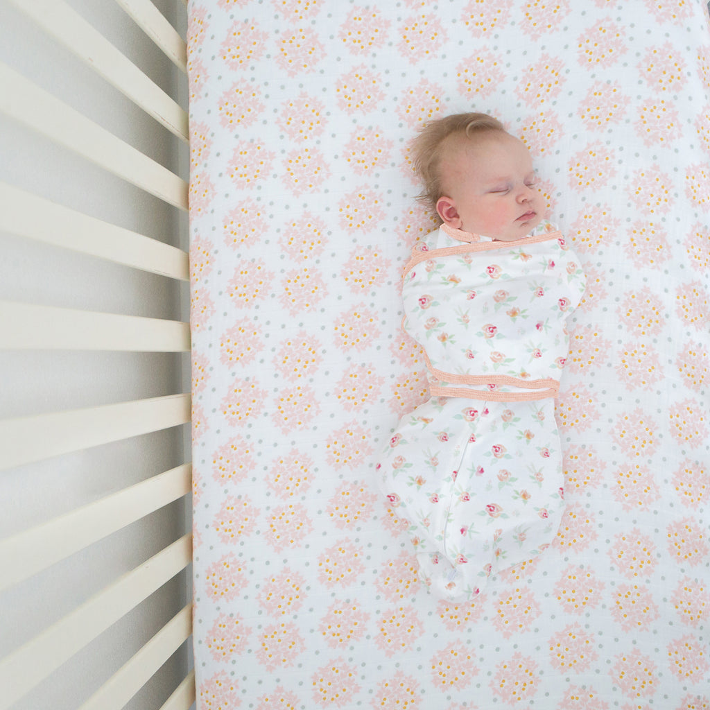 Muslin Fitted Crib Sheet Heavenly Floral Pink with Bit of Gray and Touch of Gold Shimmer
