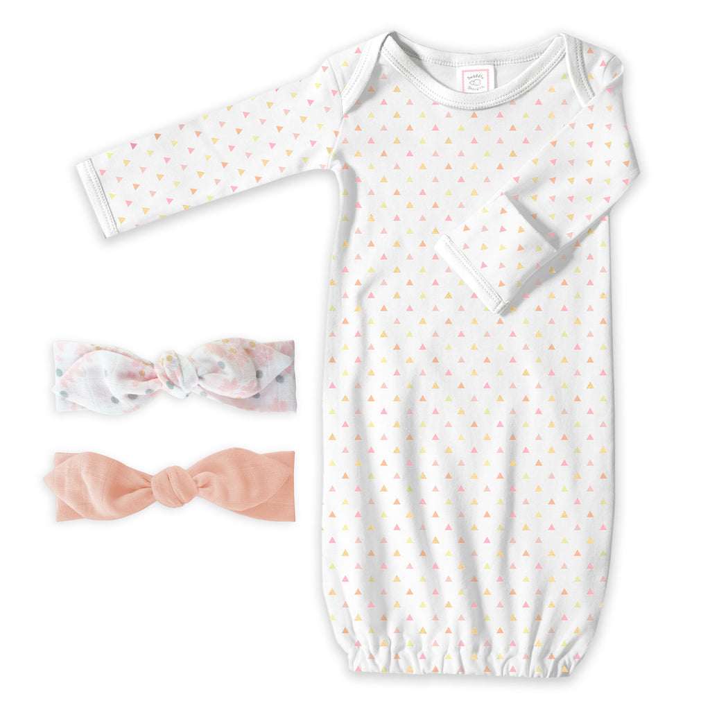 Pajama Gown and Headbands Set - Pink Tiny Triangles, Heavenly Floral, and Peach
