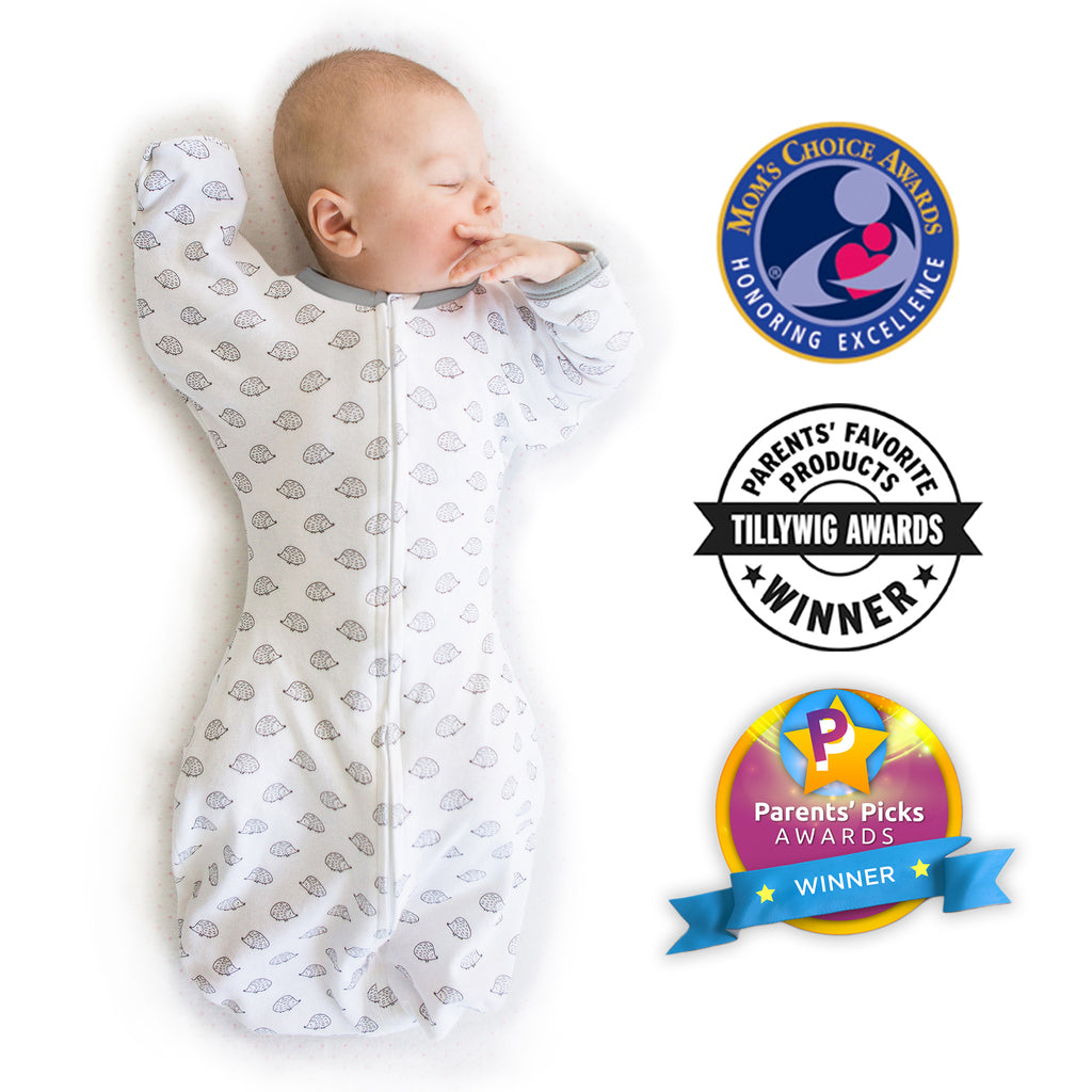 Transitional Swaddle Sack  - Arms Up 1/2-Length Sleeves & Mitten Cuffs, Tiny Hedgehogs, Soft Black