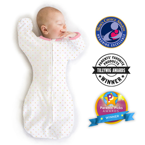 Transitional Swaddle Sack Arms Up 1 2 Length Sleeves Mitten Cuffs Tiny Triangles Pinks with Touch of Gold Shimmer