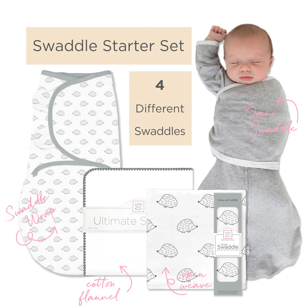 SwaddleDesigns Starter Set - Ultimate, Muslin Swaddle, Swaddle Wrap, and Heathered Gray Omni Newborn Gift Set, Sterling