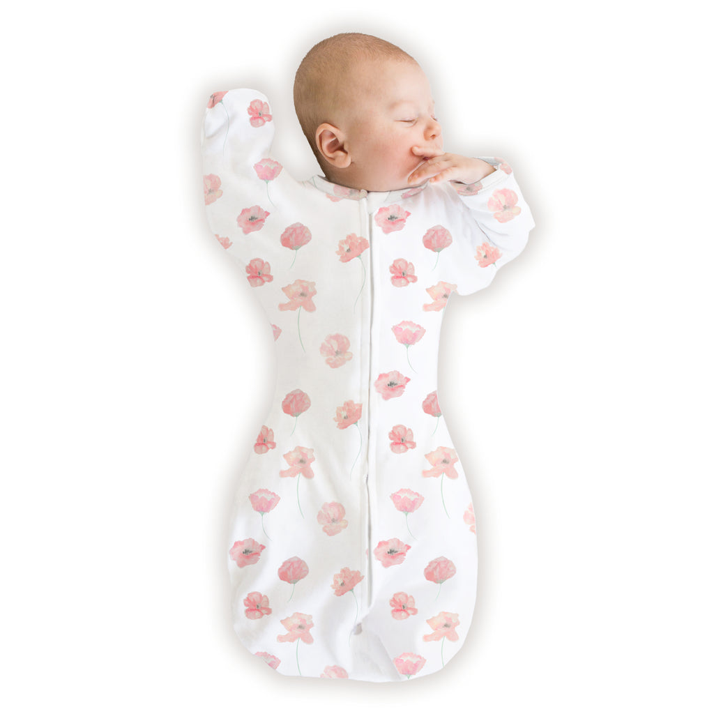 Organic Transitional Swaddle Sack - Arms Up 1/2-Length Sleeves & Mitten Cuffs, Watercolor Peach Blush Poppies