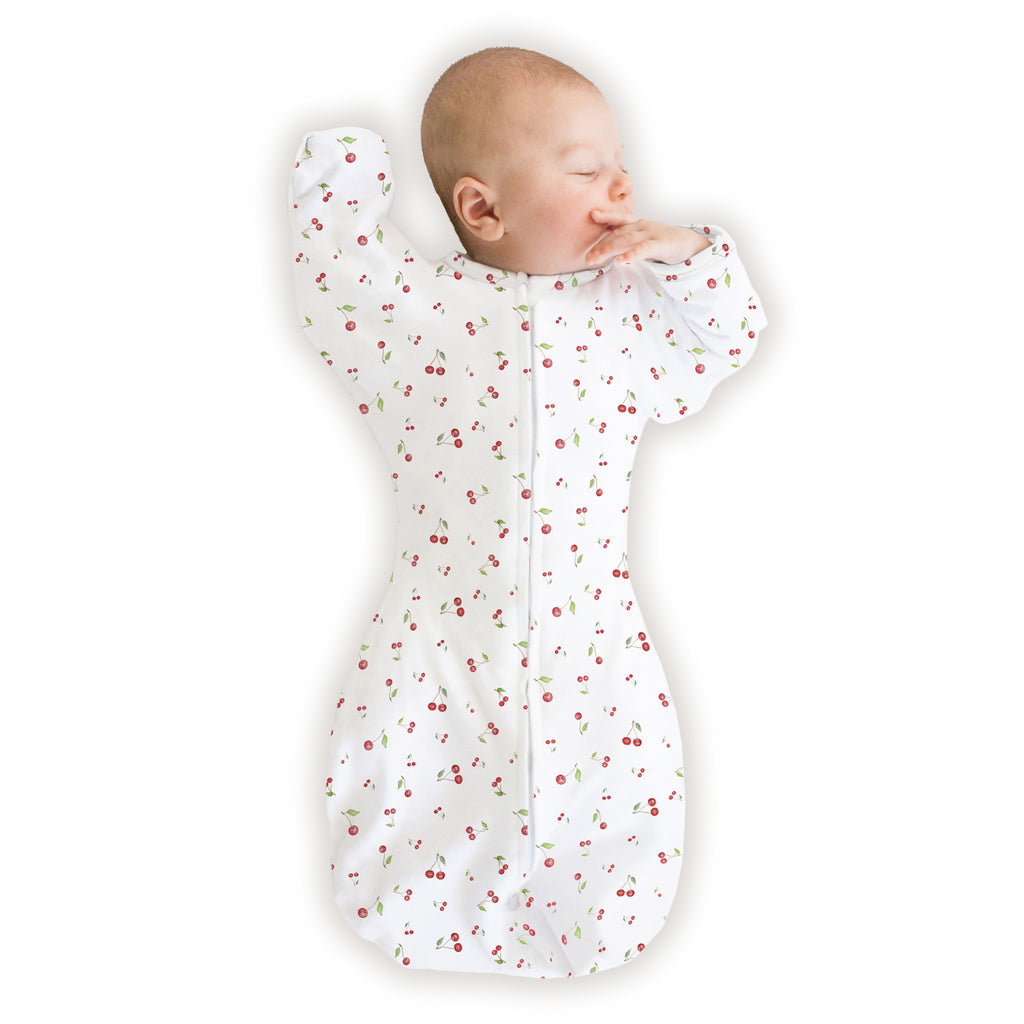 Organic Transitional Swaddle Sack - Arms Up 1/2-Length Sleeves & Mitten Cuffs, Watercolor Little Cherries