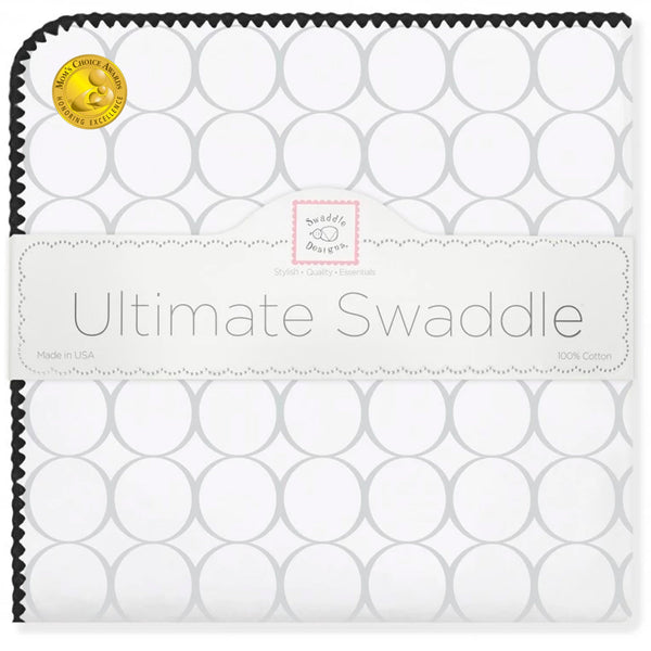 'Ultimate Swaddle Blanket - Mod Circles on White, Sterling with Black Trim' - Customized