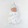Muslin Swaddle + Pajama Gown + Hat Newborn Gift Set - Denim Muslin Blanket & Watercolor Mountains & Trees Hat & Pajama Gown