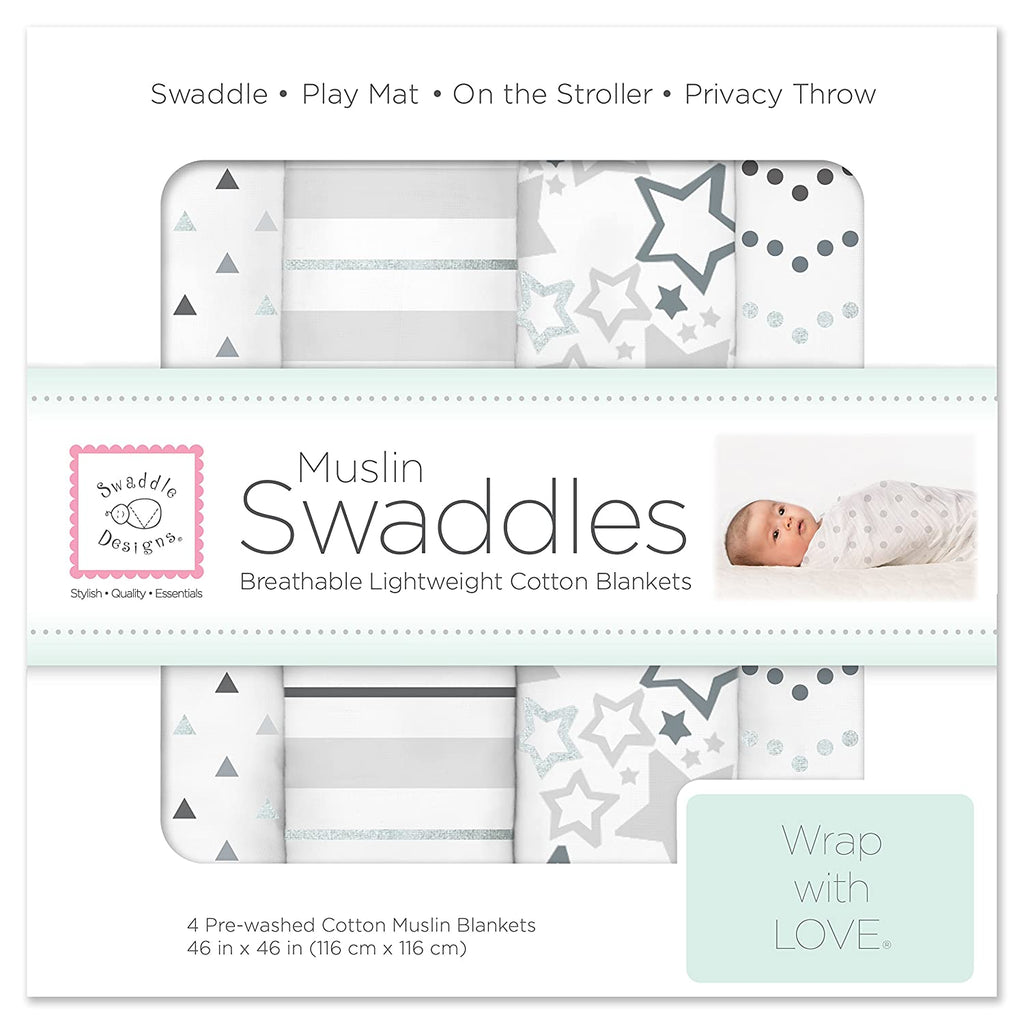 Muslin Swaddle Blankets - Sterling Starshine  in a Range of Gray's with Touch of SIlver Shimmer (Set of 4) - LIMITED Time Offer!