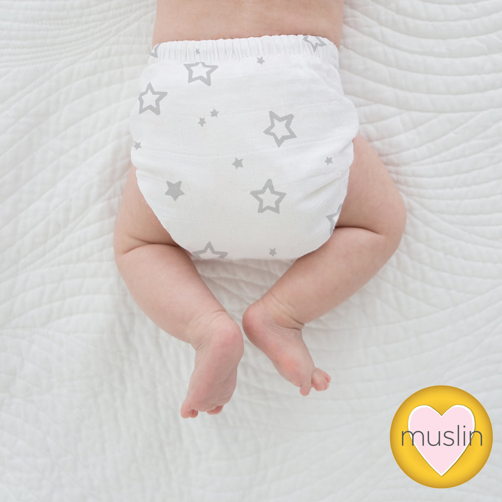 Amazing Baby SmartNappy Cotton Muslin Hybrid Reusable Cloth Diaper Cover + 1 Reusable Insert + 1 Reusable Booster - Stargazer, Gray
