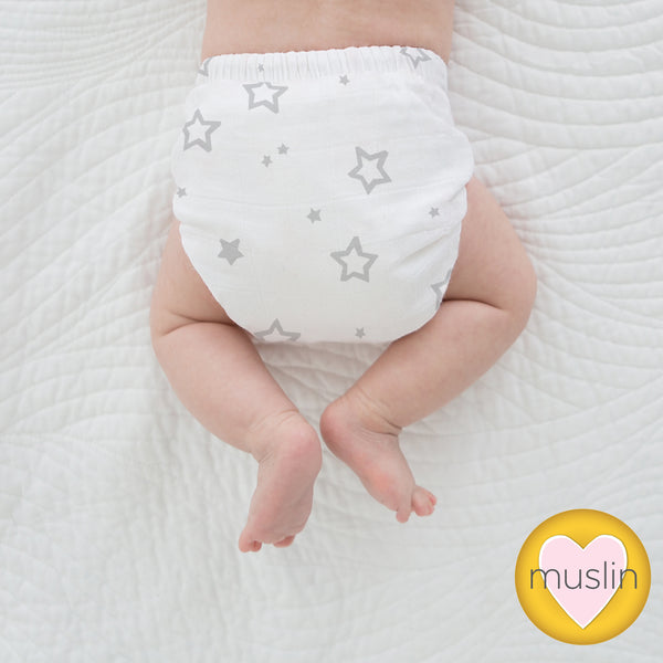 Amazing Baby SmartNappy Cotton Muslin Hybrid Reusable Cloth Diaper Cover + 1 Reusable Tri-Fold Insert + 1 Reusable Booster - Stargazer, Gray