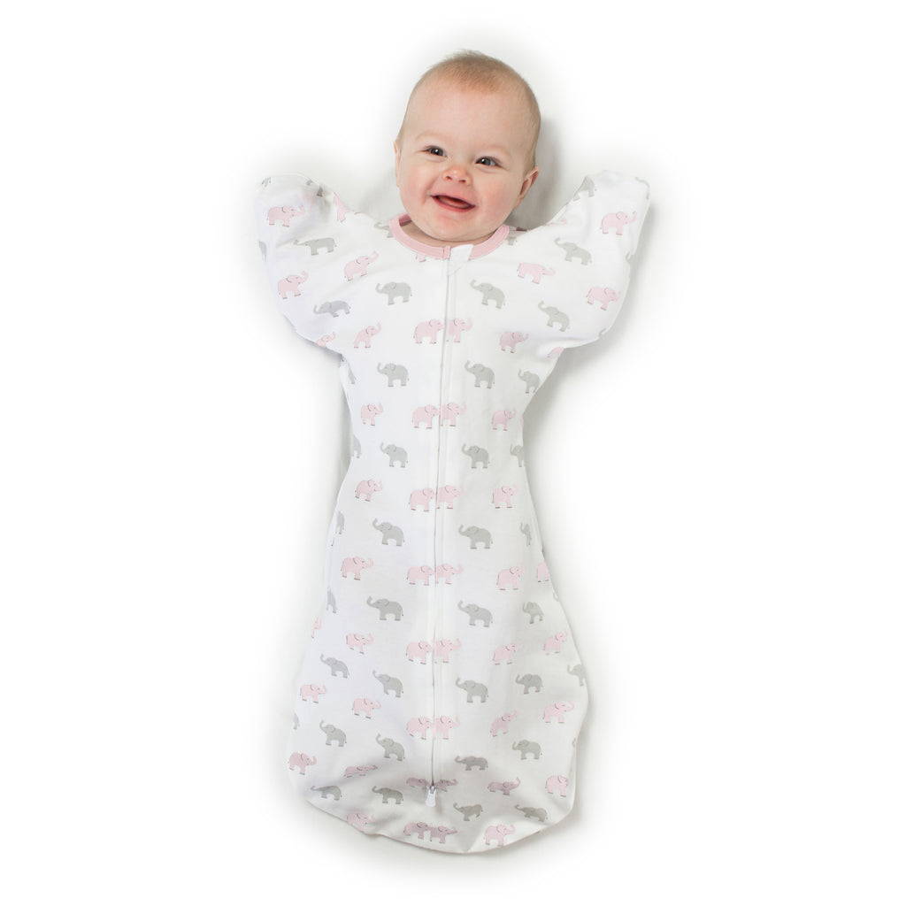 Amazing Baby - Transitional Swaddle Sack  - Arms Up 1/2-Length Sleeves & Mitten Cuffs, Tiny Elephants, Pink