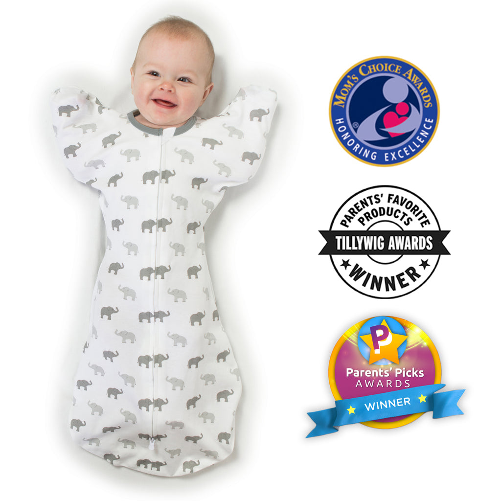 Sister Brand - Amazing Baby - Transitional Swaddle Sack  - Arms Up 1/2-Length Sleeves & Mitten Cuffs, Tiny Elephants, Sterling